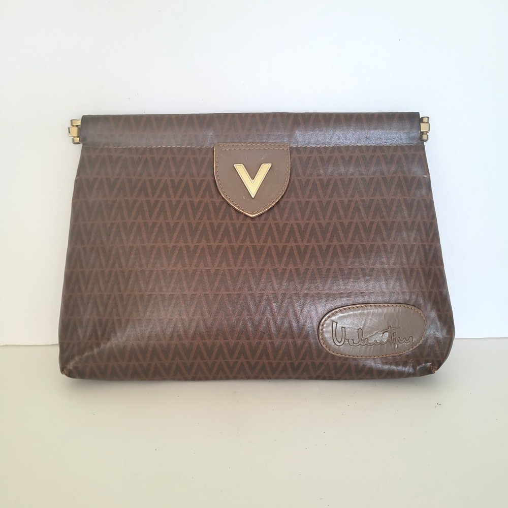 Mario Valentino Vintageโ Monogram Clutch Bag Brown V Pattern Made in Italy Large